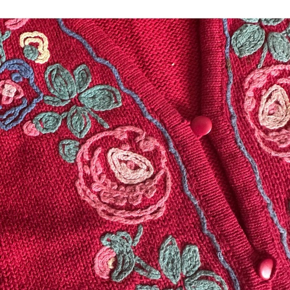 Eddie Bauer Vintage Red Floral Embroidered Cotton Button Front Sweater Vest L - Picture 5 of 5